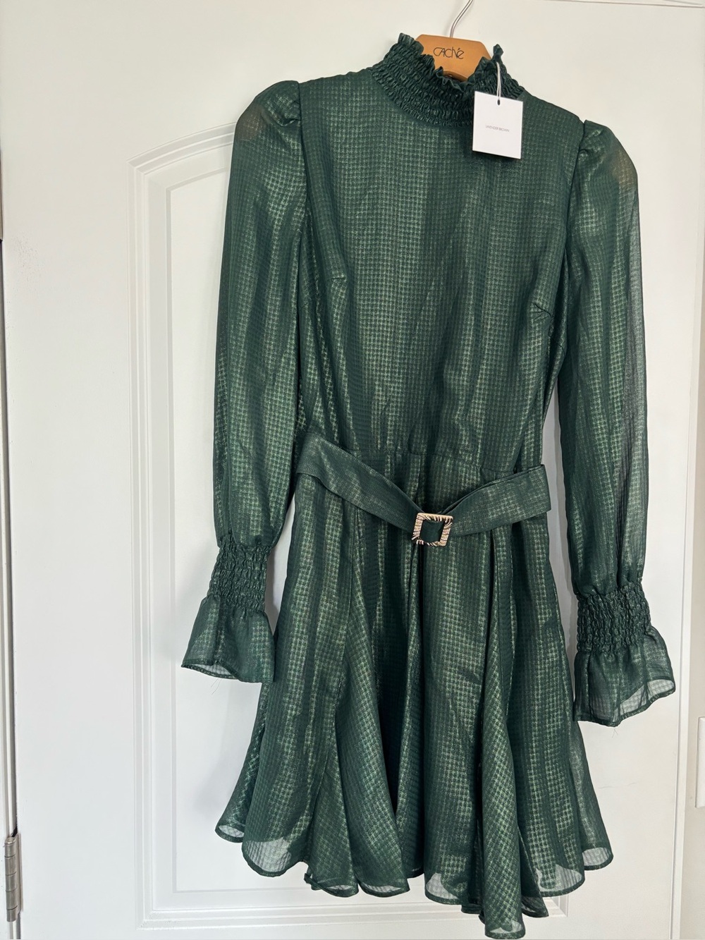 Lavender Brown             Emerald Green High-Neck Belted Long-Sleeve Dress